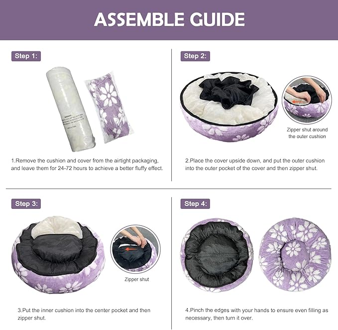 Donut Dog Beds for Medium Dogs, Calming Round Cat Beds for Indoor Cats, Cute 3D Textured Flower Pet Bed with Removable Washable Cover and Anti-Slip Bottom（Purple，30"）