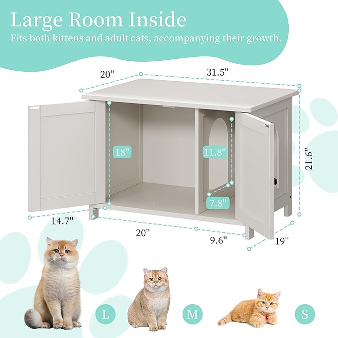 Vongrasig Cat Litter Box Enclosure,Litter Box Furniture Hidden with Barn Door,Wooden Cat Washroom Furniture,Cat House,End Table, Fit Most of Litter Box, White