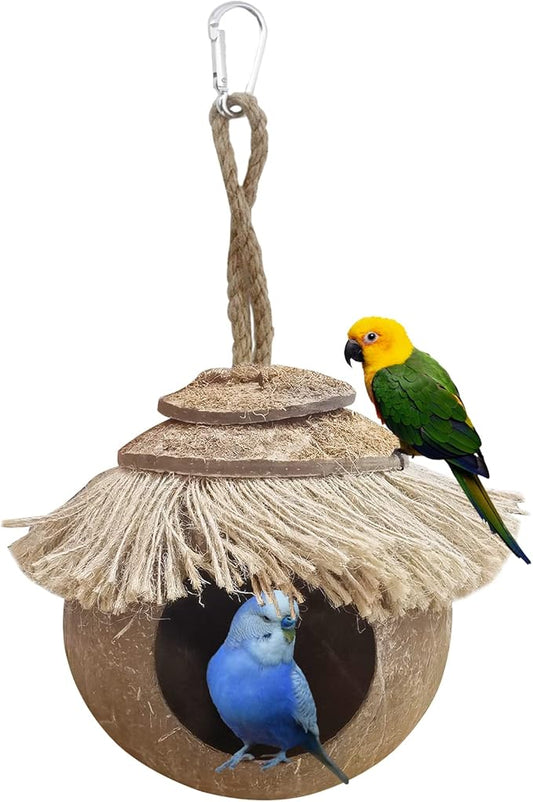 Tfwadmx Coconut Hide with Loop, Natural Coconut Fiber Hanging Birdhouse Cage, Coconut Bird Shell Breeding Nest for Parrot Parakeet Lovebird Finch Canary, Pet Cage Habitats Decor,Small Animals House
