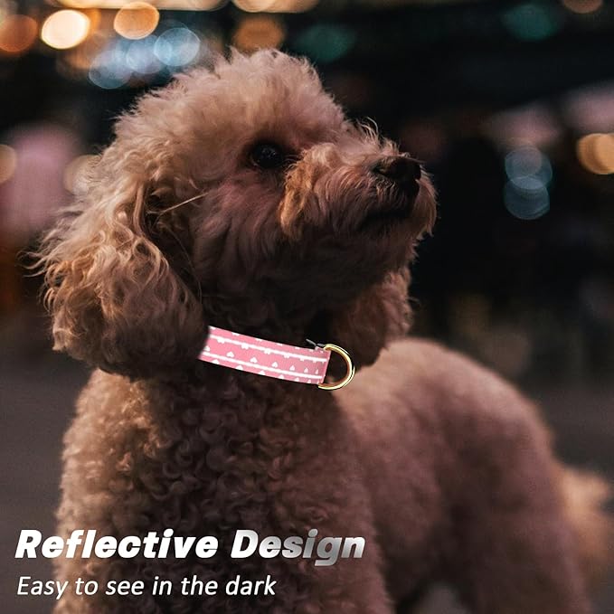 Reflective Dog Collar for Small Dogs, Cute Adjustable Heavy-Duty Nylon Puppy Collars for Boy and Girl Female, Soft Pet Accessories with Quick Release Buckle, Neck 10-16", Pink Hearts