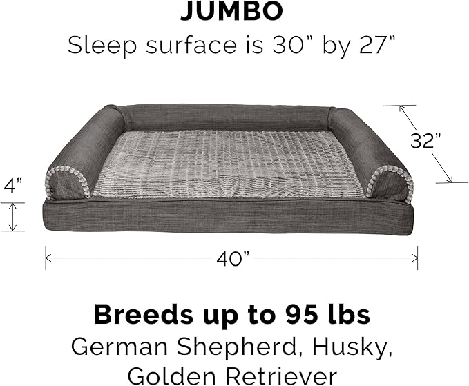 Furhaven Cooling Gel Dog Bed for Large Dogs w/ Removable Bolsters & Washable Cover, For Dogs Up to 95 lbs - Luxe Faux Fur & Performance Linen Sofa - Charcoal, Jumbo/XL