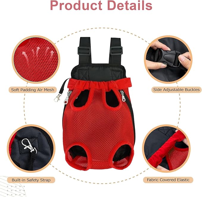 Dog Carrier Backpack, Adjustable Puppy Front Carrier Backpack, Ventilated Dog Chest Carrier for Hiking Camping Travel, Sling Bag for Small Medium Dog Cat Rabbit Puppies, Suit 5-9 lbs (Red, M)