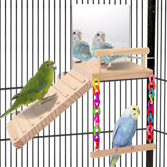 KyoukiBird Perch Platform Bird Toys with Bird Mirror Climbing Ladder Swing, Parakeet Cage Accessories - for Cockatiels, Lovebirds, Budgies,Pacific Parrotlets,Finch,Canaries - Wooden Play Gym