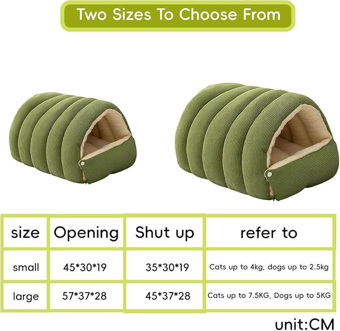 Removable and Washable Winter Closed-Off Cat Bed, Cat Winter Cave, Cute Cat Beds for Indoor Cats, Disassembled Design for Easier Cleaning, with Hair Remover (2PcsGreen, 22.4 * 14.6 * 11.0 in)