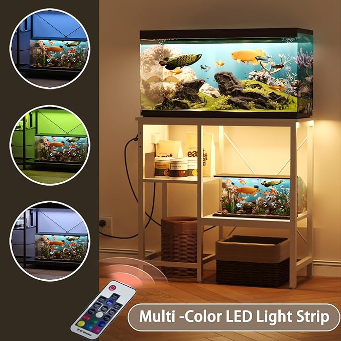 20-29 Gallon Fish Tank Stand with Power Outlet & LED Light, Metal Aquarium Stand with 3 Tier Adjustable Storage Shelves, Tank Stand for Reptile Tank, Turtle Tank, 30.7" L*13.8" W, White