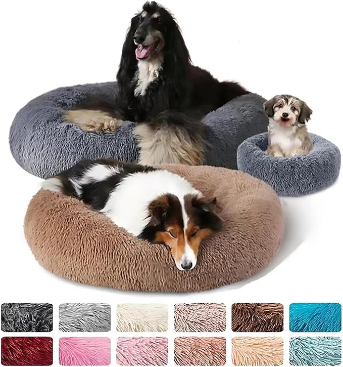 Calming Dog Bed for Small Dogs, Calming Donut Cuddler Pet Bed Anti Anxiety Round Dog Bed Fluffy Plush Faux Fur Cat Bed,Khaki,15.7IN