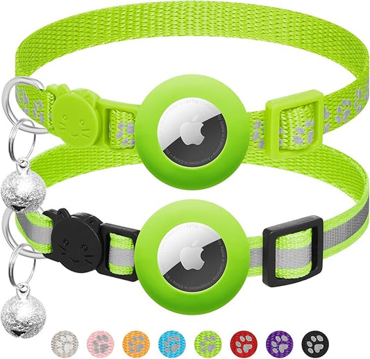 2 Pack Airtag Cat Collar Breakaway with Bell,Reflective Kitten Collar with Apple Airtag Cat Collar Holder,Adjustable 7-12In,Safety Buckle for Girl Boy Cats,Pet Supplies,Accessories,Gifts (Green)