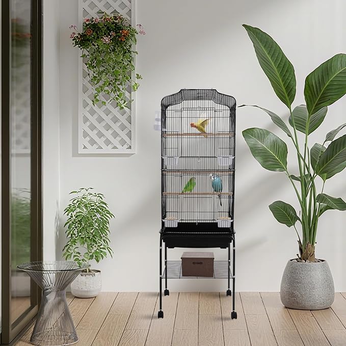 Extra Large Bird Cage, 54" Rolling Breeding Flight Bird Cages w/ 360° Wheels, Open Play Top Bird Cage with Detechable Stand for Parrots, Caiques, Macaw (Black)