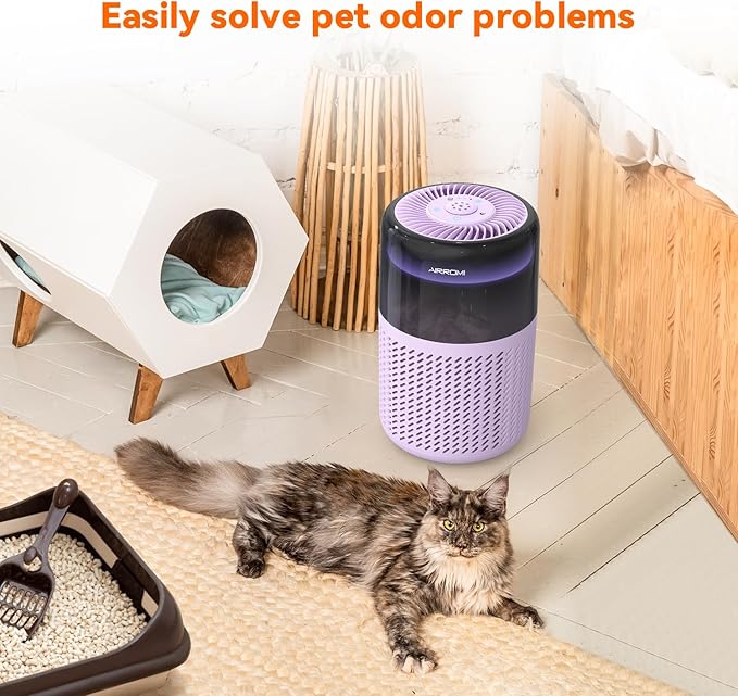AIRROMI Air Purifier for Bedroom Home,HEPA Filter,Covers Upto 549 Ft²,Quiet 360°intake Air Cleaner with Fragrance ponge for Better Sleep,Night Light,Filters Smoke,Pet Dander,Allergies,Dust,A2005Purple