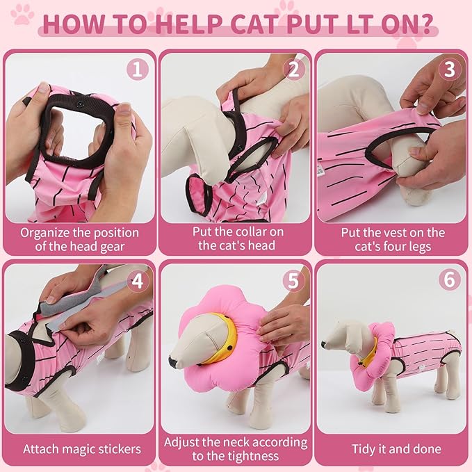 EMUST 2-in-1 Cat Recovery Suit & Cone Collar - Cute Surgical Suit for Abdominal Wounds, Adjustable Soft Flower Collar - Cat Onesie After Surgery, 4-8lb (Pink, M)