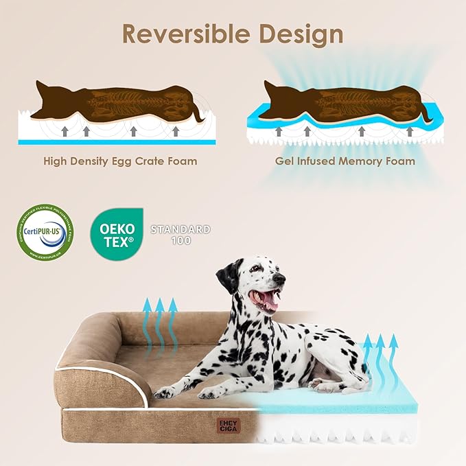 EHEYCIGA Orthopedic Dog Beds for Large Dogs, Waterproof Memory Foam Large Pet Bed with Sides, Non-Slip Bottom and Egg-Crate Foam Dog Couch Bed with Washable Removable Cover, Camel