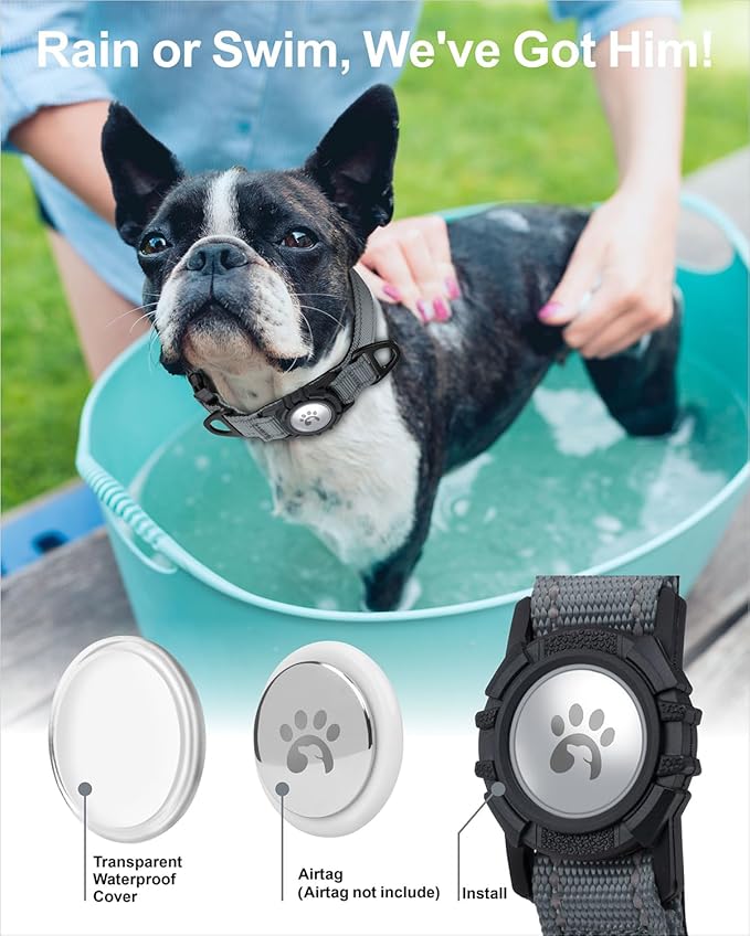 TagME Airtag Dog Collar,Waterproof Reflective Pet Collar with Airtag Holder,Soft Padded and Double D-Rings for Small Dogs,Grey