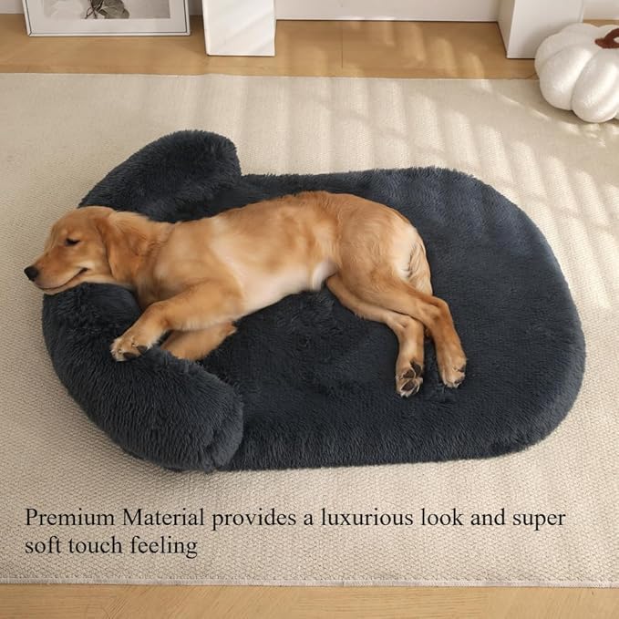 Calming Dog Bed - Fluffy Plush Mat with Removable Washable Cover | Furniture Protector for Large Dogs & Cats(Khaki,21.65X15.75X4.33in)