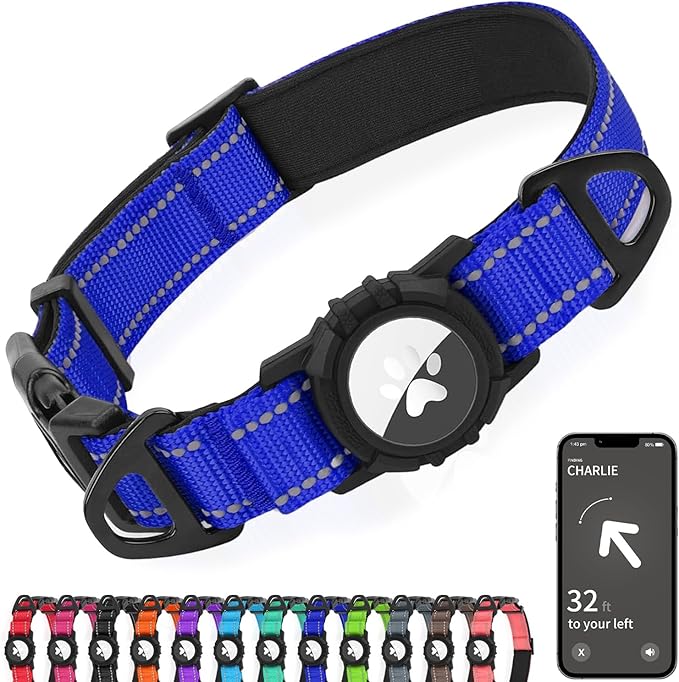 Joytale Airtag Dog Collar, Reflective Pet Collar with Waterproof AirTag Holder, Dual D-Rings, Soft Padded Adjustable for Extra Small and Puppy Dogs, Navy Blue, XS