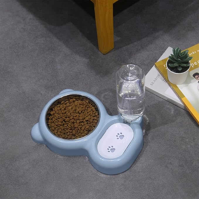 Dog Bowls, Cat Food and Water Bowl Set with Water Dispenser and Stainless Steel Bowl for Cats and Small Dogs - Light Blue