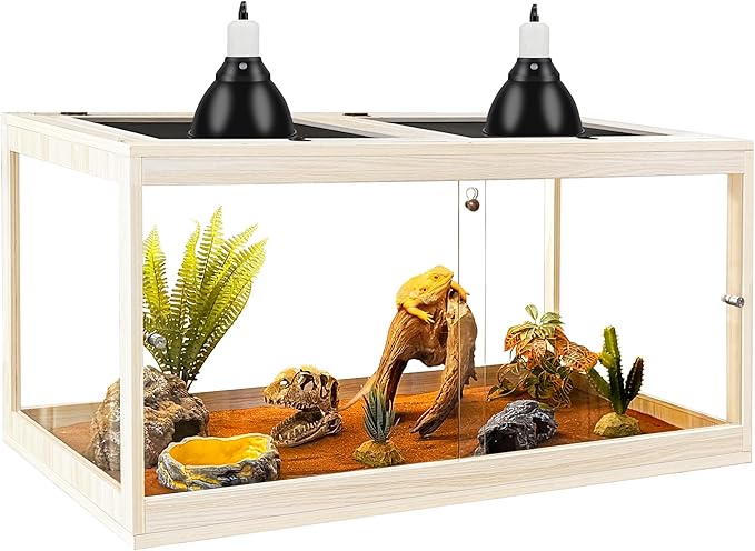 PROLEE Tempered Glass Bearded Dragon Tank,32 Gallon Reptile Tank with Meatl Mesh Roof and Front Sliding Door, Anti-Scratch Lizard Tank,Spacious Reptile Enclosure for Snakes,Lguanas, Chameleons (Oak)
