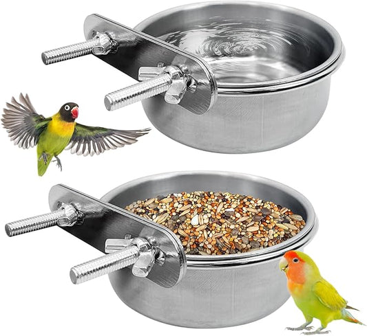 PINVNBY 2 PCS Stainless Steel Bird Bowl Parrot Food Water Bowls with Clamp Holder Bird Feeder Dish Cups Crate Bowls for Cockatiel Pigeons Conure Budgies African Greys (Double Screws Size: S)