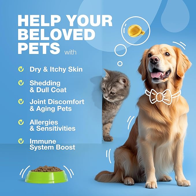 Omega 3 Fish Oil for Dogs and Cats - Healthy Skin and Coat Support Supplement - Omega 3 6 9 EPA DHA Fatty Acids - Itchy Skin, Shedding, Immunity, Joint - Wild Caught Salmon and Pollock Food Topper