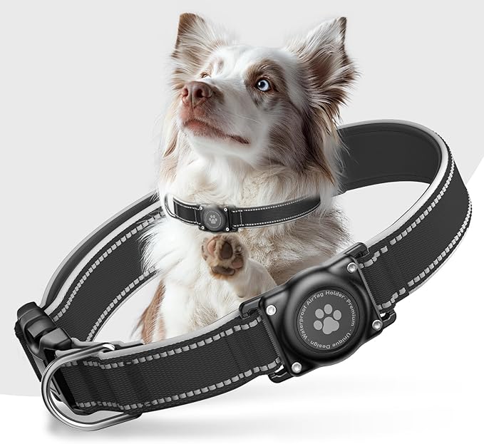 Airtag Dog Collar - 100% Waterproof Air tag Dog Collar Holder for Apple AirTag, Reflective, Soft Padded, Everlasting, GPS Dog Collar for Small Medium Large Dogs (Black, L)