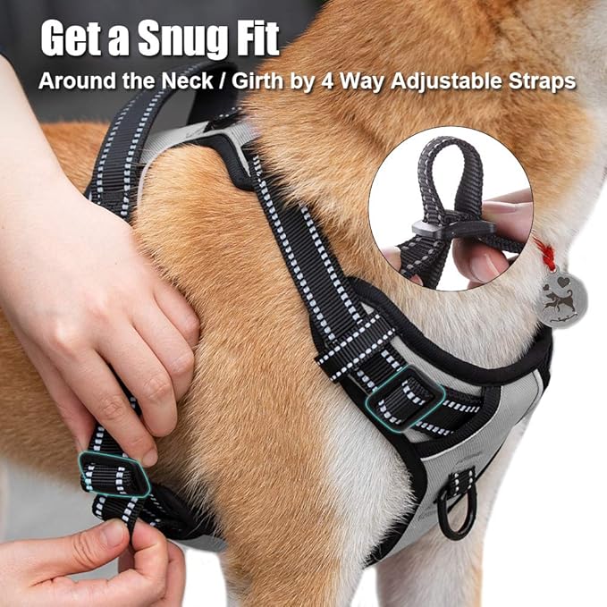 PoyPet No Pull Dog Harness, Reflective Comfortable Vest Harness with Front & Back 2 Leash Attachments and Easy Control Handle Adjustable Soft Padded Pet Vest for Small to Large Dogs (Gray,L)