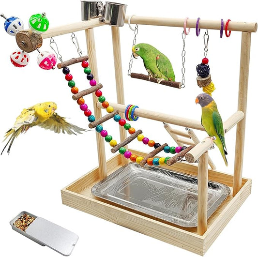 PINVNBY Bird Playground Parrot Playstand Play Gym Cockatiel Wood Bird Toys Birds Cage Accessories Playpen Ladder with Feeder Cups Hanging Swing Toys for Parakeet Conure Lovebird Cockatiel