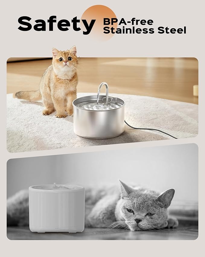 AOOGITF Cat Water Fountain + 8 Filters + 8 Sponges, 304 Stainless Steel Pet Water Fountain, 24 Hours Keep The Water Clean, 74oz Capacity, Ultra-Quiet, No Sputter, Compact, Easy Cleaning