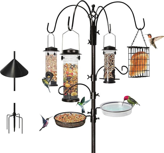 6-Hook Bird Feeding Station, Steel Multi-Feeder Kit Stand for Attracting Wild Birds w/ 4 Bird Feeders, Bird Bath, Mesh Tray and Squirrel Guard Baffle，94 Inch