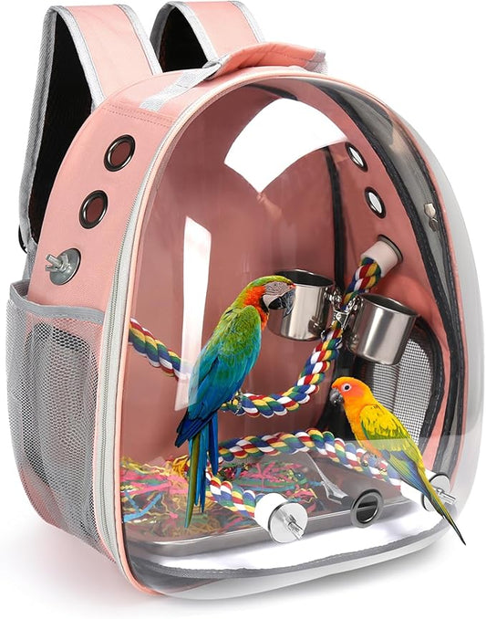 Bird Backpack Carrier, Travel Bird Cage for Small Medium Size Parrot Parakeet Budgies Cockatiel, Portable Clear Bubble Window Bag with Stainless Steel Tray Food Bolw Standing Perch (Pink)