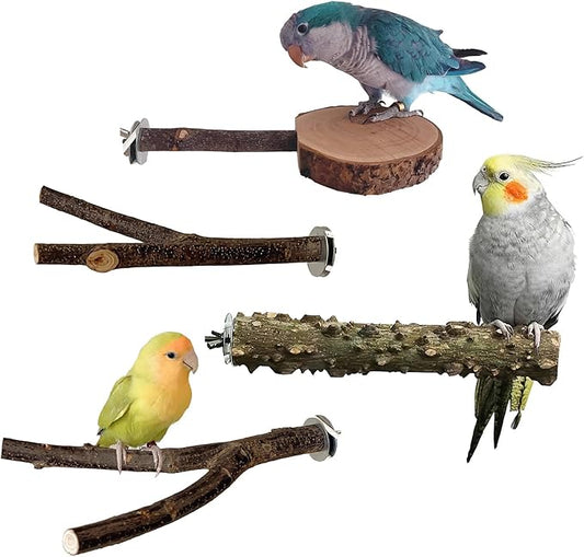 Bird Perches for Cage with Thick Thin Natural Wood, ROOJUNE Bird Cage Accessories 4 Pack Bird Perch Platform for Small Medium Parakeets Parrots Conures Cockatiels Finches Lovebirds