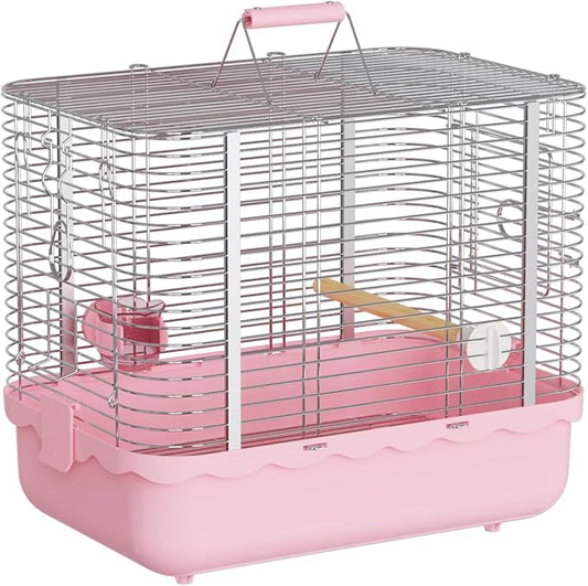 Bird Carrier Travel Cage, Durable Portable Stainless Steel Birdcage with Bird Perch & Feeding Bowl for Parrots Canaries Budgies Lovebirds Conures Cockatiels (Large Pink)
