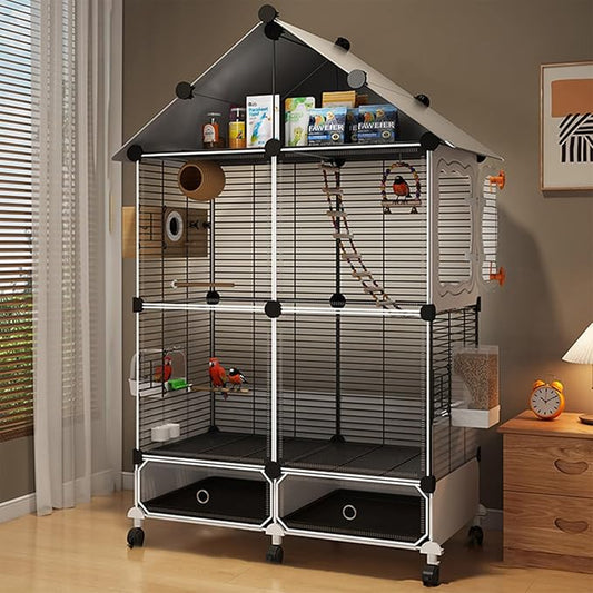 Large Parrot Cage with Acrylic Doors, 4 Casters, Perch & Feeder, Detachable Drawer, Ideal for Cockatiels, Budgies, Conures, Indoor/Outdoor Use – Spacious White Birdcage(Black,72 * 36 * 135)