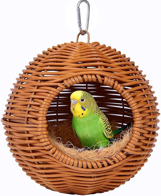 Parakeet Nest Bird Cage Accessories, Chew-Proof Steel Frame & Washable Small Bird Hanging Bed for Lovebirds, Canaries, Budgies 、Lizards, Hamsters(Brown, 6.3"x6.3"x7.5")