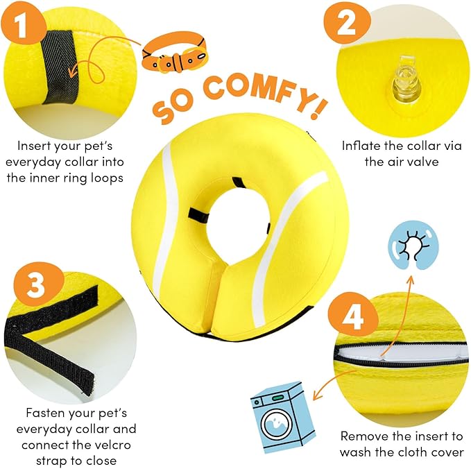 BENCMATE Inflatable Dog Cone Collar Alternative, Soft Dog Cone for Small Medium Large Dogs and Cats, Neck Recovery ECollar Donut Collar After Surgery (Medium, Tennis)