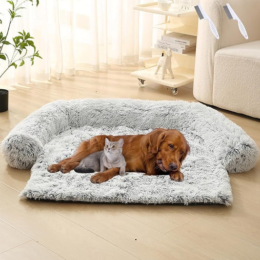Dream Cloud Pet Sofa Bed for Dogs Cats, 2026 Washable Removable Calming Fluffy Plush Mat for Furniture Protector, Long Fur Non-Slip, for Small/Medium/Large Home Pets (Light Grey, M: 33.5 * 28.3IN)