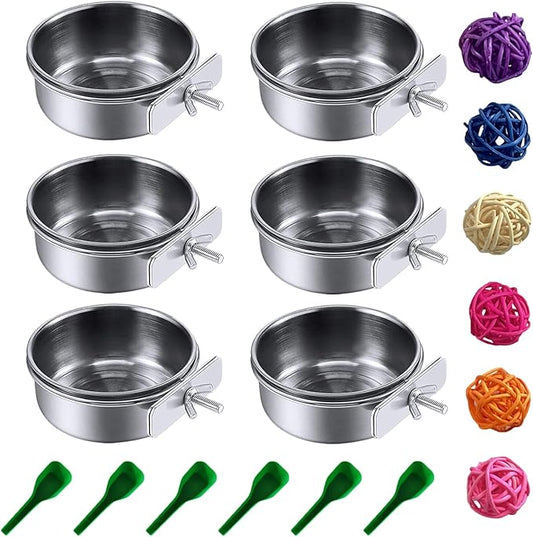 PINVNBY 6 Pieces Stainless Steel Bird Feeding Dish Cups,Parrot Feeder Parakeet Food Water Bowls with Clamp Holder & 6 Pcs Bird Spoon & 6 Pcs Birds Ball Toys for Budgies Macaw Small Animal(S)