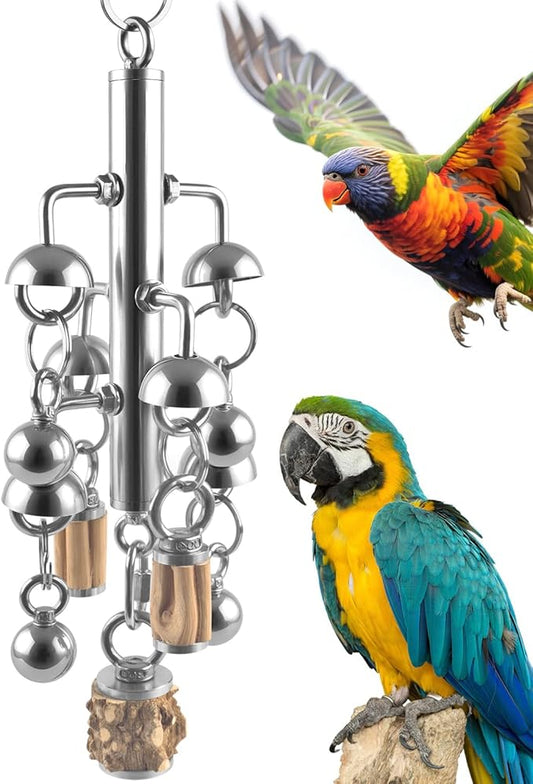 KATUMO Large Bird Toys, Natural Wooden and 304 Stainless Steel Bell Toy for Parrots, 1.46 LB Heavy Birds Cage Toy for Amazon Parrot, African Greys, Budgies, Lovebirds, Cockatiels,Cockatoo