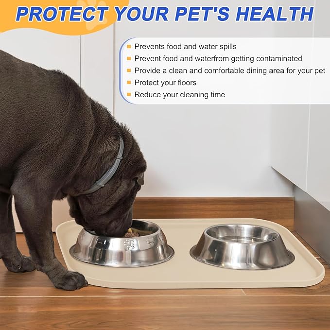 Silicone Pet Feeding Mat with Raised Edge for Food and Water, Dog Bowl Mats, Cat Bowls Placemat with High Lip for Floor Waterproof, Rubber Tray for Cats and Dogs 19 x 12 x0.7 White Sand
