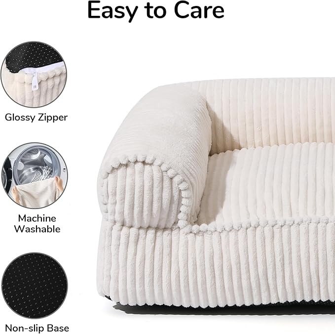 FUKUMARU Dog Couch Bed, Corduroy Cozy Cat Bed for Indoor Cats with Washable Cover, Supportive Waterproof Dog Beds Sofa for Small Dogs and Large Cats Cute, 28inch, Medium, Cream