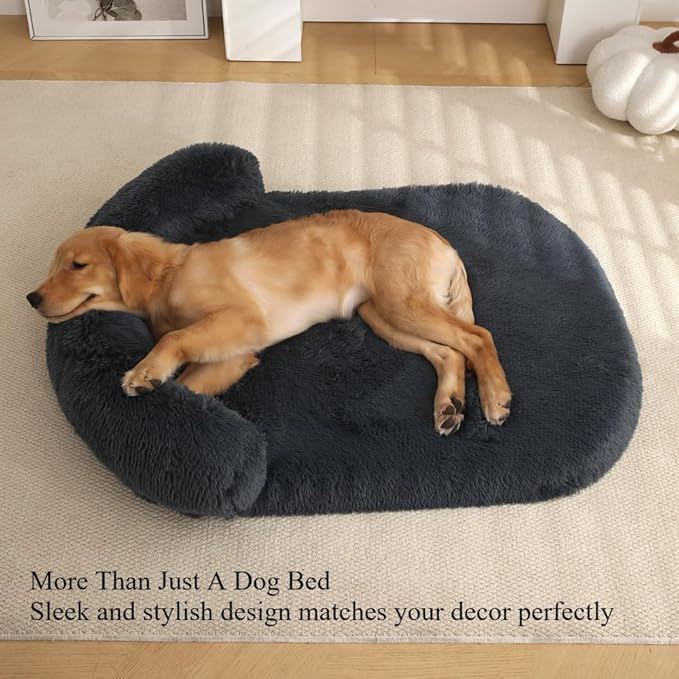 Calming Dog Bed - Fluffy Plush Mat with Removable Washable Cover | Furniture Protector for Large Dogs & Cats(Khaki,21.65X15.75X4.33in)