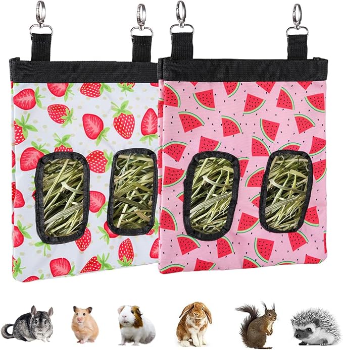 DZWLKJ Guinea Pig Hay Feeder, 2 Pack, 10 x 8 x 0.4 Inches, Stainless Steel, Rabbit Hay Bag, 600D Oxford for Small Pets,Chinchilla,Hamsters