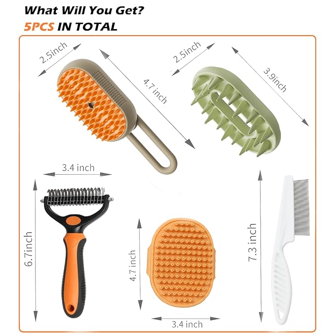 5 Pack Pet Steam Brush Kit – Pet Water Brush for Cats Shedding – Includes Steam Brushes, Undercoat Rake, Massage & Flea Comb for Cats and Dogs - Matted Fur Dematting Tool