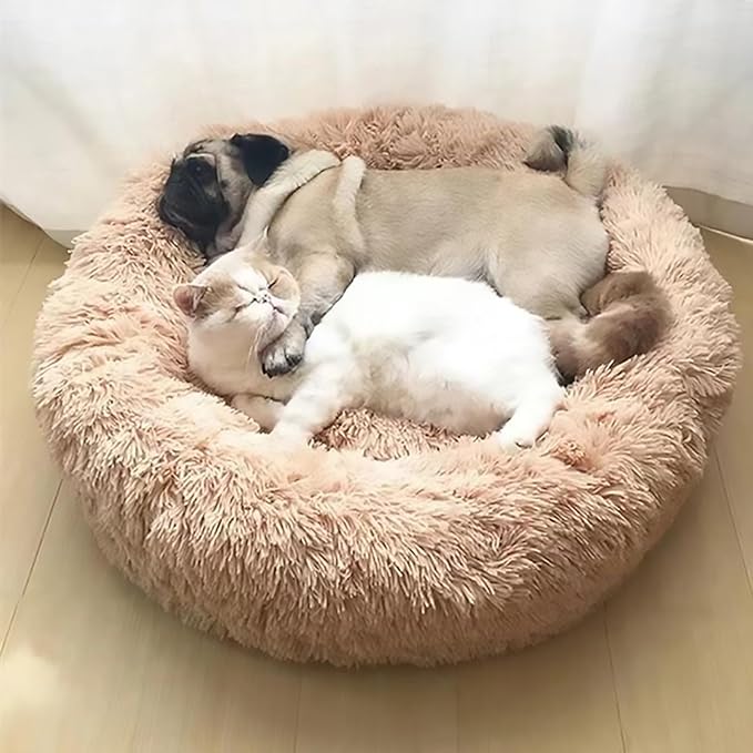 Calming Dog Bed for Small Dogs, Calming Donut Cuddler Pet Bed Anti Anxiety Round Dog Bed Fluffy Plush Faux Fur Cat Bed,Wine red,27.5IN