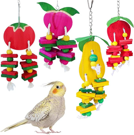 Hamiledyi Natural Wood Block Bird Cage Toys Parrot Chewing Toy Tomato&Peach&Pear&Strawberry Shaped Hanging Foraging Toy for Small&Medium Birds Parakeets Cockatiels,4pcs