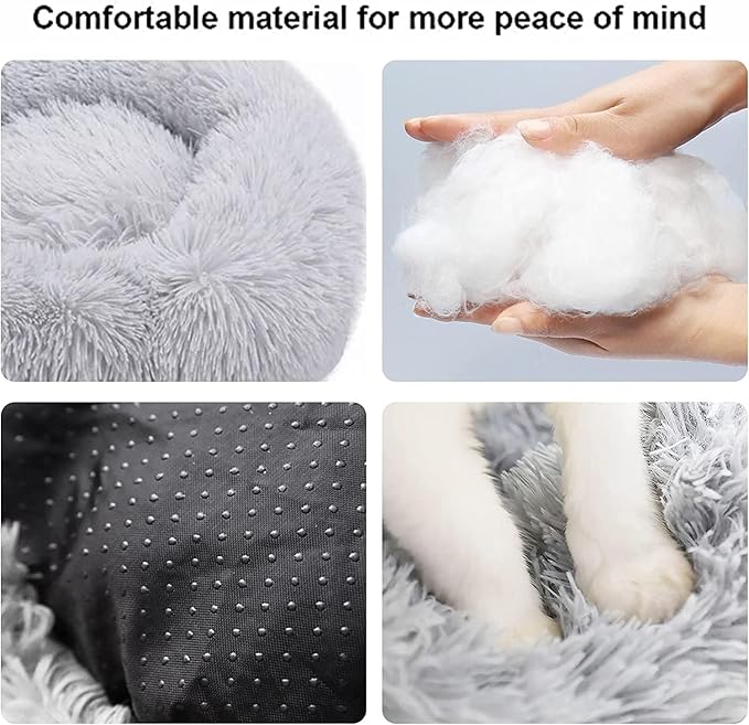 Cat Beds for Indoor Cats - Cat Bed Washable 20/24 inches, Dog Beds for Small Medium Dogs, Anti Anxiety Round Fluffy Plush Faux Fur Pet Bed, Thick Bottom (Light Grey, Medium)