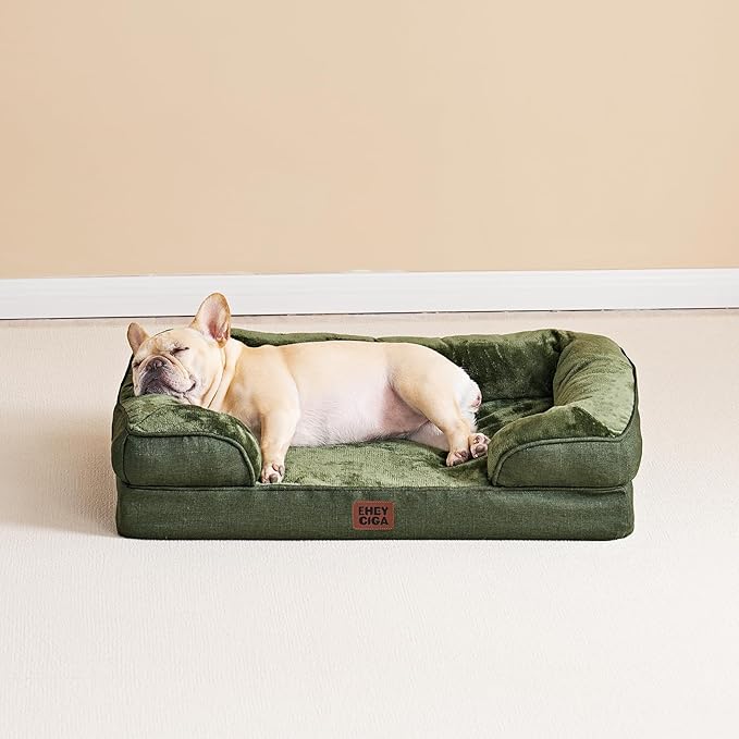 EHEYCIGA Orthopedic Dog Beds for Large Dogs, Waterproof Memory Foam Large Dog Bed with Sides, Non-Slip Bottom and Egg-Crate Foam Pet Couch Bed with Washable Removable Cover, Dark Green