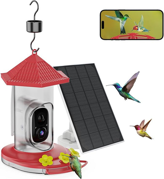 Smart Hummingbird Feeder with Camera, Wireless Bird Feeders with Solar Powered AI Recognition Instant Notifications, Feeder for Outdoor Ideal Gift for Bird Lovers