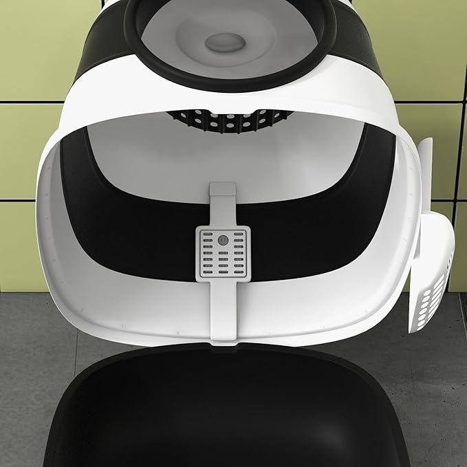 PawHut Cat Litter Box - Covered, High Sides, Air Freshener, Two-Way Entrance, Foldable, Easy Clean, White & Black