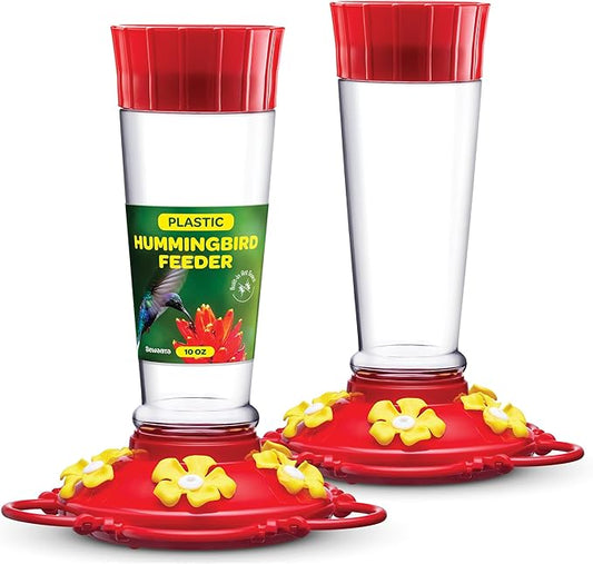 Hummingbird Feeder 10 oz [Set of 2] Plastic Feeders for Outdoors, with Built-in Ant Guard - Circular Perch with 5 Feeding Ports - Wide Mouth for Easy Filling/2 Part Base for Easy Cleaning