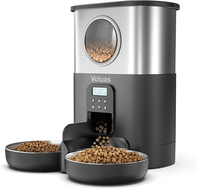 VOLUAS Automatic Cat Feeders for Two Cats,Stainless Steel 5L Pet Feeder for Cats and Dogs Timed Cat Feeder Pet Dry Food Dispenser, Silver Black