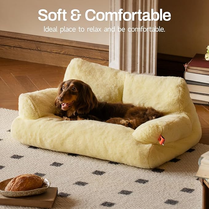 MEWOOFUN Cat Beds for Indoor Cats, Washable Small Dog Beds for Medium Small Dogs & Cats up to 25 Lbs, Fluffy Cat Couch with Non-Slip Bottom (Yellow, 26.0" L x 19.0" W x 13.0" Th)